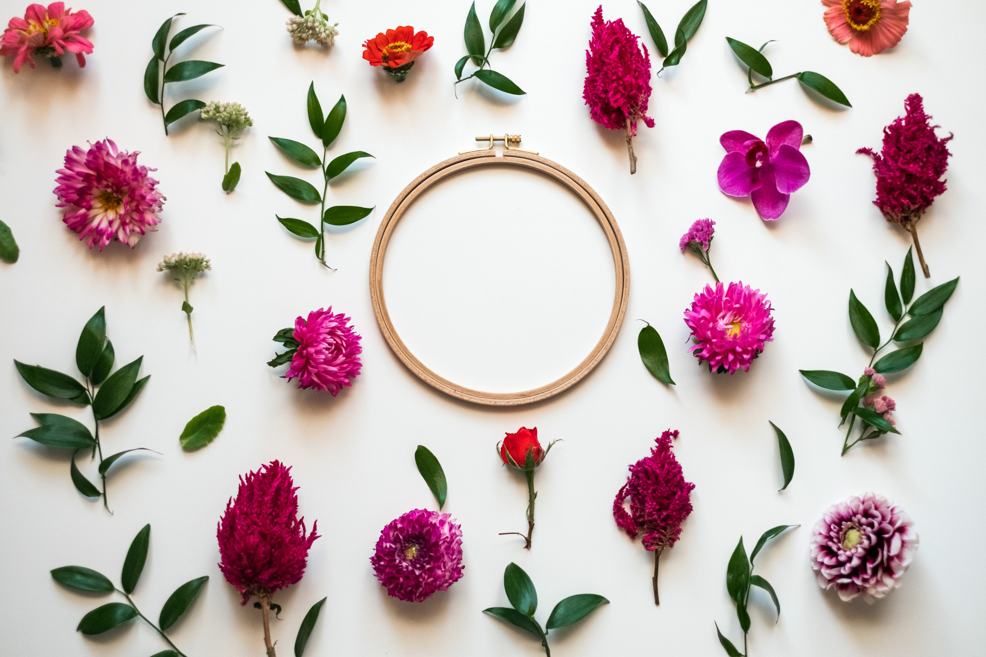 Hand-stitched floral hoop, large composition